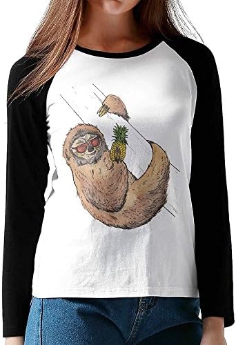 Liaobu Pineapple Sloth Hanging Women's Long Sleeve Jersey Shirt Baseball Tee Raglan T-Shirts M Black
