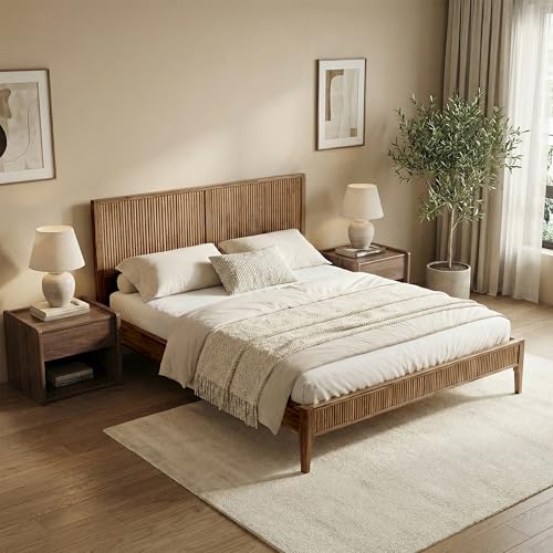 Megsu Bosk King Size Bed Frame with Headboard, Solid Acacia Wood Platform Bed, No Box Spring Need, Fluted Mid-Century Modern Design, Easy Assembly, Compatible with 8-12-14" Mattress Thickness, Walnut