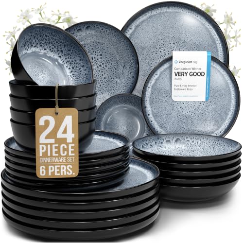 Steingut Geschirrset 6 Personen Ibiza 24 tlg. TESTSIEGER, Traumhaftes Mediterranes Steingut Geschirr Set, Schüssel- und Teller Set, Tafelservice 6 Personen, Ges