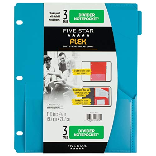 Five Star Binder Dividers, Flex, NotePocket, 3 Tabs, Teal, Purple, Lime