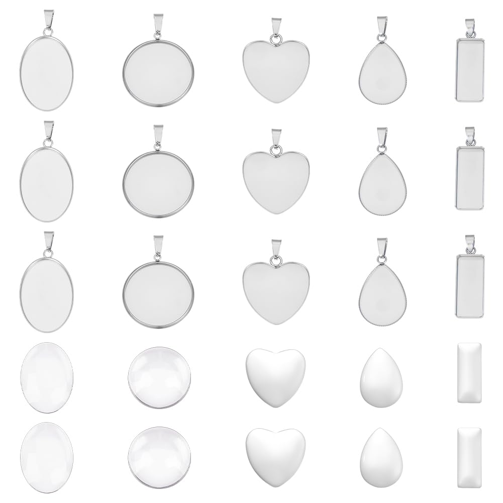 UNICRAFTALE 20 Sets 5 Styles Cabochon Pendant Trays 10-25mm Settings 304 Stainless Steel DIY Blank Bezel Pendant Heart Oval Teardrop Rectangle Base Charm with Glass Cabochons for Jewelry Making