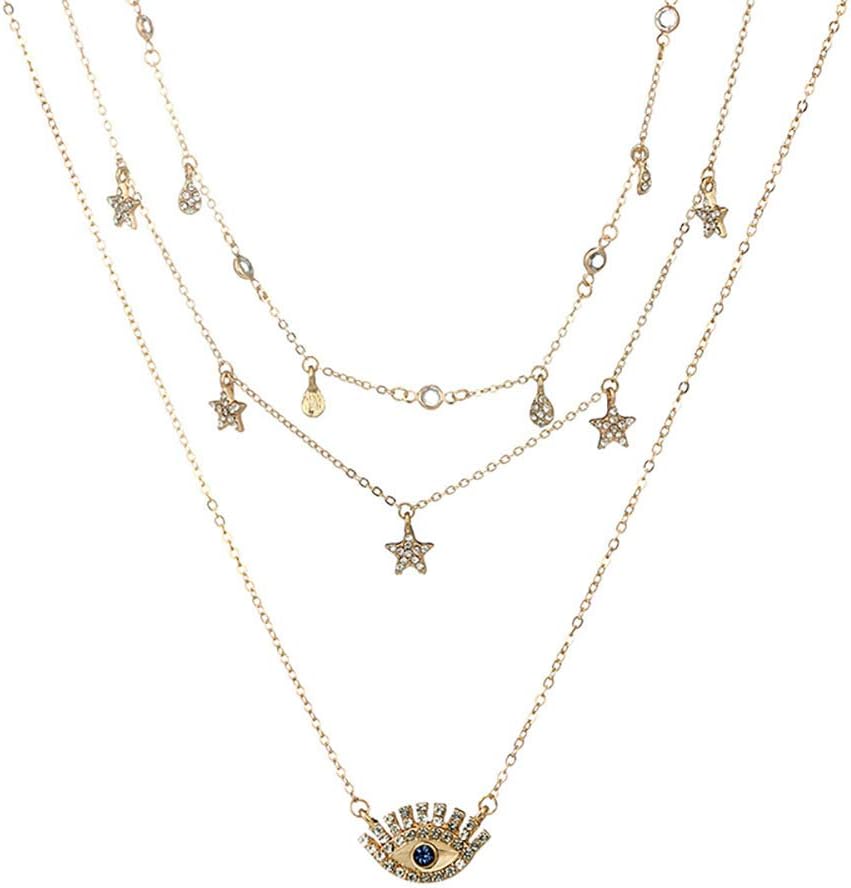 XIAOHNNL Women's Long Chain Pendant Necklace Miracle Multi Layer Necklace Crystal Drop Necklace