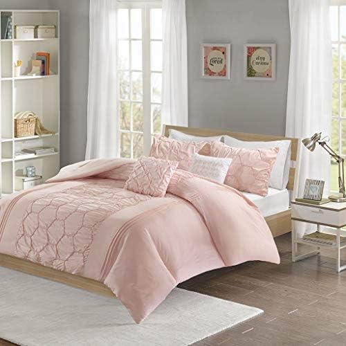 Intelligent Design Carrie Comforter Set Twin/Twin XL Size - Blush, Pleated Elastic Embroidery – 4 Piece Bed Sets – Ultra Soft Microfiber Teen Bedding for Girls Bedroom