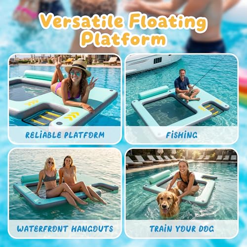 Inflatable Floating Dock with Dog Ramp, Large Floating Island Platform for Adults and Pets, Mesh Water Hammock with Non-Slip Steps, Heavy-Duty Floating Dock for Lake, Pool, River and Ocean