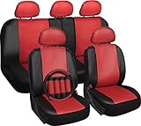 OxGord 17pc Set Faux Leather Red Black Auto Seat Covers Set - Airbag - Universal Fit for Car, Truck, or SUV - Steering Wheel Cover