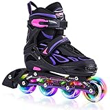 2PM SPORTS Vinal Girls Adjustable Inline Skates with Light up Wheels Beginner Skates Fun Illuminating Roller Skates for Kids Boys and Ladies - Violet Large(4Y-7Y US)
