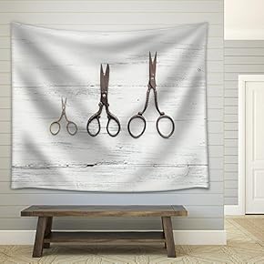 Three Scissors on White Wooden Table - Fabric Wall Tapestry Home Decor - 51x60 inches