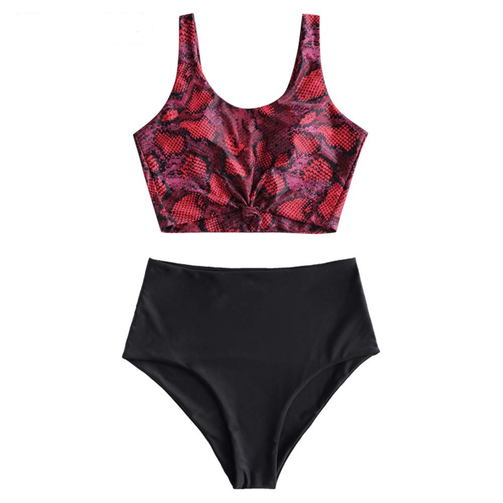 ZAFUL Women's Animal Print Knotted Tankini Set High Waisted Scoop Collar Padded Tankini Swimsuit
