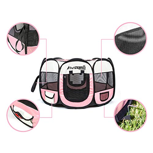 PET4FUN PN935 35" Portable Pet Puppy Dog Cat Animal Playpen Yard Crates Kennel w/Premium 600D Oxford Cloth, Tool-Free Setup, Carry Bag, Removable Security Mesh Cover/Shade, 2 Storage Pockets(Pink) - Thumbnail 2