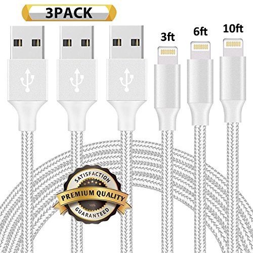 Chamfind Lightning Cable 3 Pack 3FT 6FT 10FT Nylon Braided Certified Lightning to USB iPhone Charger Cord for iPhone X 8 7 7 Plus 6S 6 SE 5S 5C 5, iPad 2 3 4 Mini Air Pro, iPod Nano 7 (Silver)