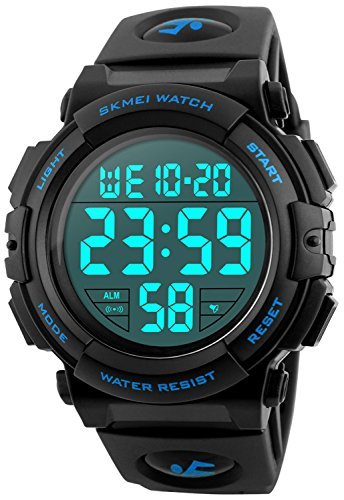 Mens Big Face Digital Sports Watch with Multifunction 50M Waterproof Alarm Stopwatch Calendar EL Backlight 12H/24H (Blue)