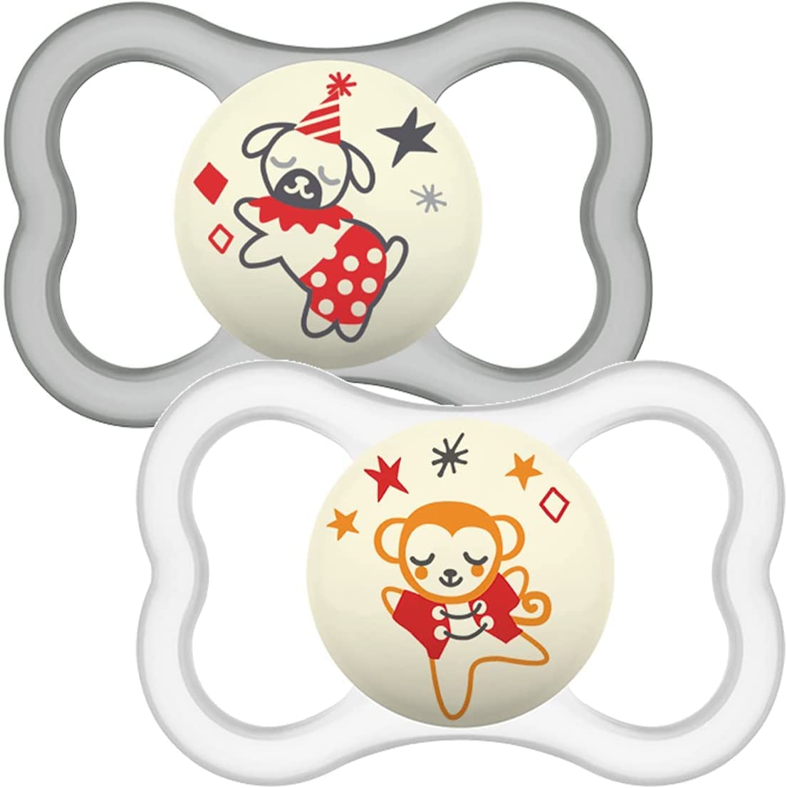 MAM Latex Air Night Soothers 6 Months+ (Pack of 2), Glow in the Dark Baby Soothers with Self Sterilising Travel Case, Newborn Essentials, Blue/Grey, (Designs May Vary)