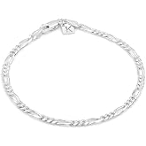 KEZEF Solid 925 Sterling Silver Figaro Chain Bracelet Fine 3mm Italian Bracelet for Women, Men and Teens - Diamond Cut Elegant Durable Link Chain | 7" - 9" Length