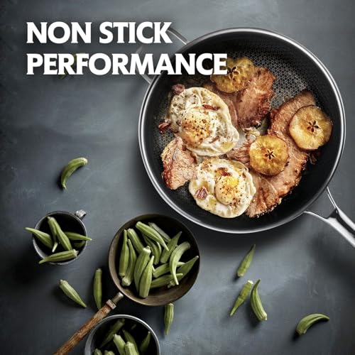 SNOWCLAD Wok 30 cm & Frying Pan 24+28 cm, Hybrid Wok Non Stick and Frying Pan Set, Stainless Steel Non-Stick Pan with Lid, Suitable for All Hob Types, PFOA Free