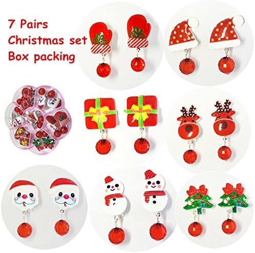 7 Pairs Clip On Earrings, Clip-on Christmas Set No holes earrings Girls Party Favor Birthday Gift Pretend Play Princess christmas Clip-on Earrings Value Jewelry Set