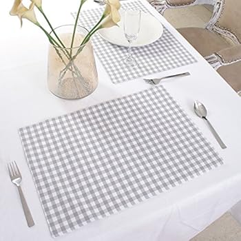 Cotton Placemats, Set Of 4, Double Sided Placemats (13 x 19 Inches), Grey & White Check - Perfect For Spring, Summer, Holidays - Christmas And For Everyday Use