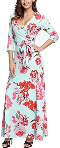 Dokoll Women Wrap Casual Tie Floral Print Maxi Long Dress with Belt