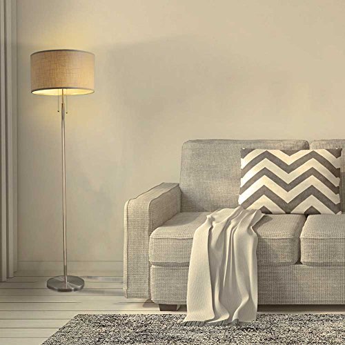 2 Bulb Socket Floor Lamp, DEEPLITE Modern Bedside Standing Lamp for Bedroom Living Room Office, 60 Inches Tall, White Fabric Shade and Brushed Nickel Metal Body