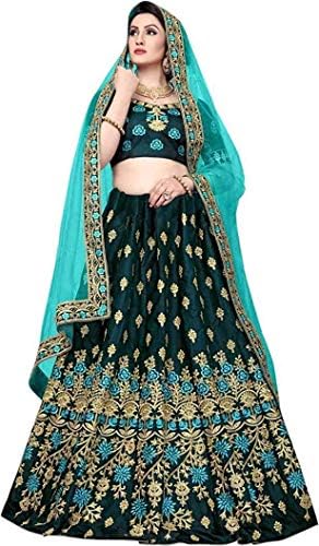 Diya Creation Women's Heavy Taffeta Satin Embroidered Semi-Stitched Lehenga Choli and Dupatta Set (5155, Green, Free Size)
