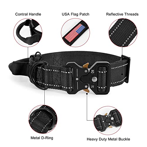 Wide Military Dog Collar with Control Handle Adjustable Quickly Release Metal Buckle Nylon K9 Dog Collar Heavy Duty Training Reflective Collar for Medium Large Dog Pet by WHIPPY, Black, L
