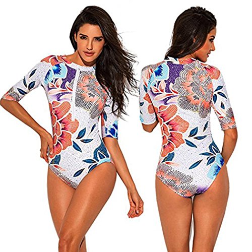 Koolee Print Surfing Swimsuit Women Rashguard Zip UV Protection Bathing Suit Long Sleeve Swimwear (L)