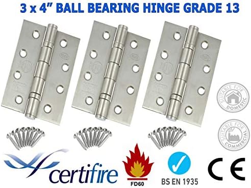 3 x Ball Bearing Butt Hinges 4 Inch Very Heavy Duty Grade 13 Fire Door Rated 1 Hour Satin Stainless Steel Grade 201 Commercial Domestic Use 102 x 76 x 3mm Internal Doors up to 120kg CE BS EN:1935 SEVERE DUTY