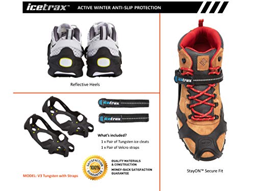 ICETRAX Pro Winter Ice Grips for Shoes and Boots - Ice Cleats for Snow and Ice, StayON Toe, Reflective Heel (V3 Tungsten with Straps, L/XL (Men: 9.5-13 / Women: 11+))