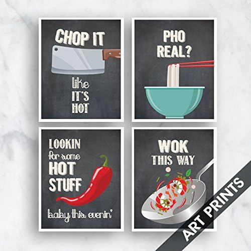Chop It, Pho Real, Hot Stuff, Wok this Way (Funny Kitchen Song Series) Set of 4 5x7 inch Unframed Art Prints (Featured color Vintage Chalkboard) Kitchen Art