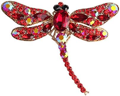 Jewby Fashionable Dragonfly Brooch Pins for Women Bouquet Flower Wedding Created Crystal Brooch (Rose gold) (Red)