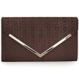BMC Womens Chocolate Brown PU Leather Alligator Skin Pattern Perforated Glitter Metal Accent Envelope Flap Clutch Handbag