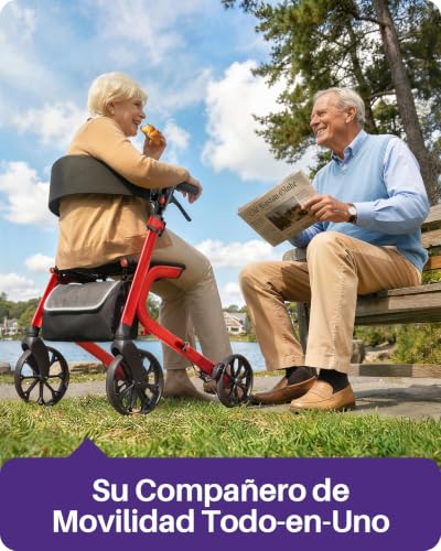 Kekoy K2 Elderly Walker with Aluminum Folding Seat, Height Adjustable, 400 lbs Load, Adult Walkers with 44cm Seat Cushion, Backrest and Storage Bag, Red