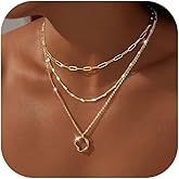 Robaice Layered Necklaces for Women，14K Gold Plated Twist Circle Pendant Dainty Paperclip Chain Necklace Stack Trendy Layering Stackable Chain Choker Set Minimalist Gold Jewelry Gift for Women
