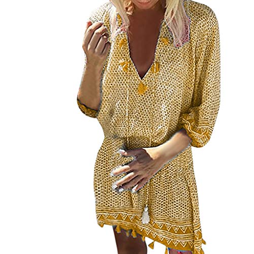 Women Bohemian Neck Tie Vintage Printed Ethnic Style Mini Dress Summer Retro Tassel Long-Sleeved Casual Beach Dress Yellow - Thumbnail 3