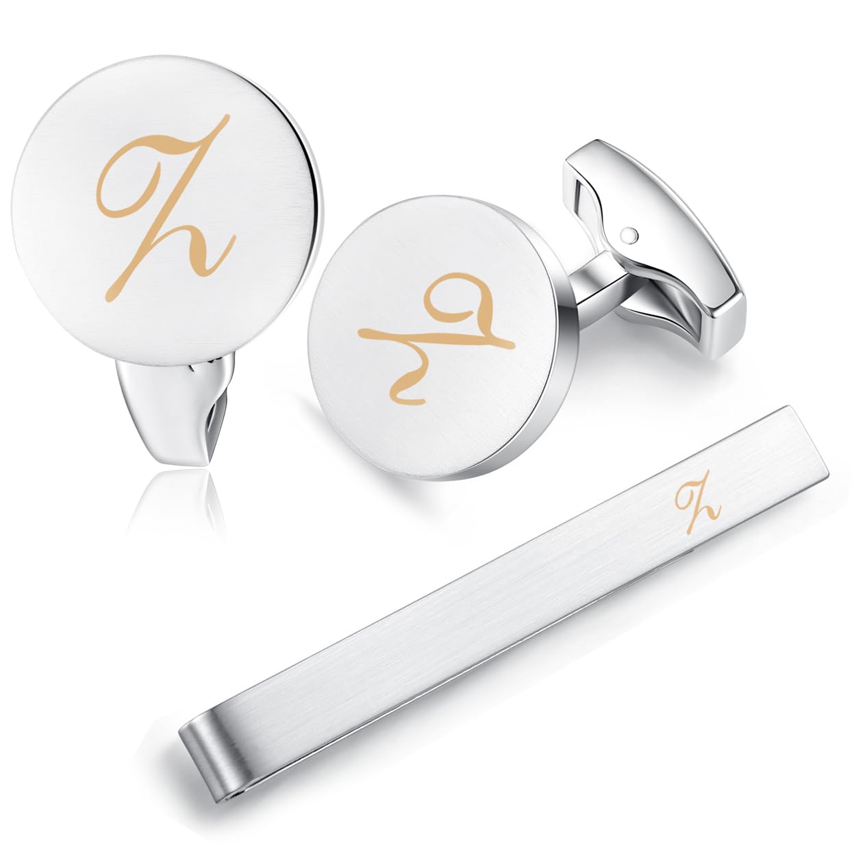 HONEY BEAR Initial Alphabet Letter Cufflinks Tie Clip Set for Mens - Brushed Silver Round for Business Wedding Gift A - Z