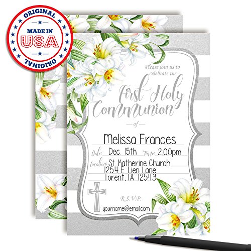 image for Watercolor Floral Lilies First Holy Communion Religious Party Invitati