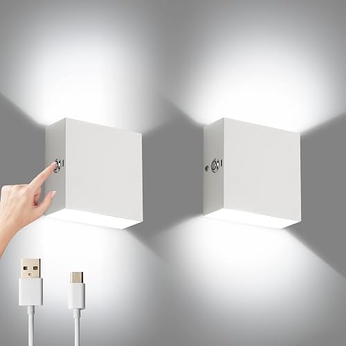 Lightess Wireless Wall Lights Set of 2 Battery Rechargeable Wall Lights Dimmable Touch Up Down Wall Lamp Sconce Lighting White Wall Sconce for Living Room Bedroom Balcony Hallway Cold White