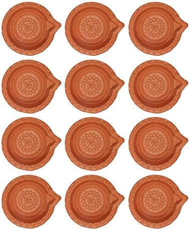 Craft Art India Handmade Earthen Clay / Terracotta Decorative Dipawali / Diwali Diya / Tealight / Oil Lamps for Pooja / Puja - Set Of 12 Pcs