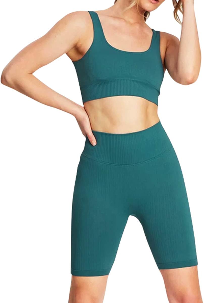 Jetjoy Biker Short Sets Women 2 Piece Outfits Ribbed Yoga Running