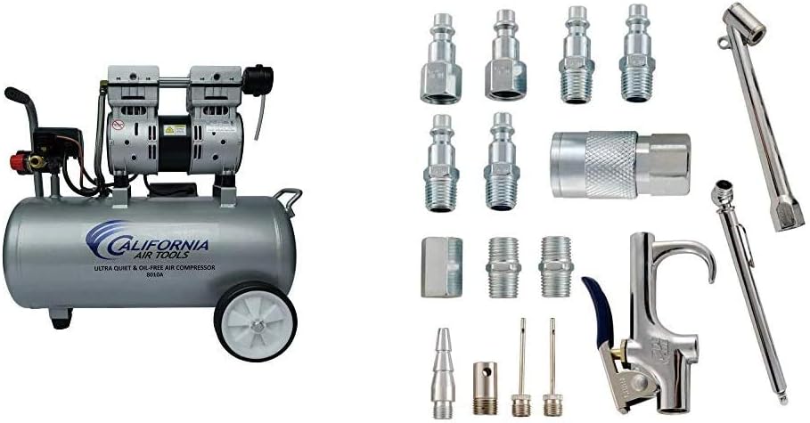 California Air Tools 8010A Ultra Quiet & Oil-Free Lightweight Air Compressor & Accessory Kit, 17 Piece Compressor Inflation Kit, with Blow Gun, Air Chucks & Inflation Needles