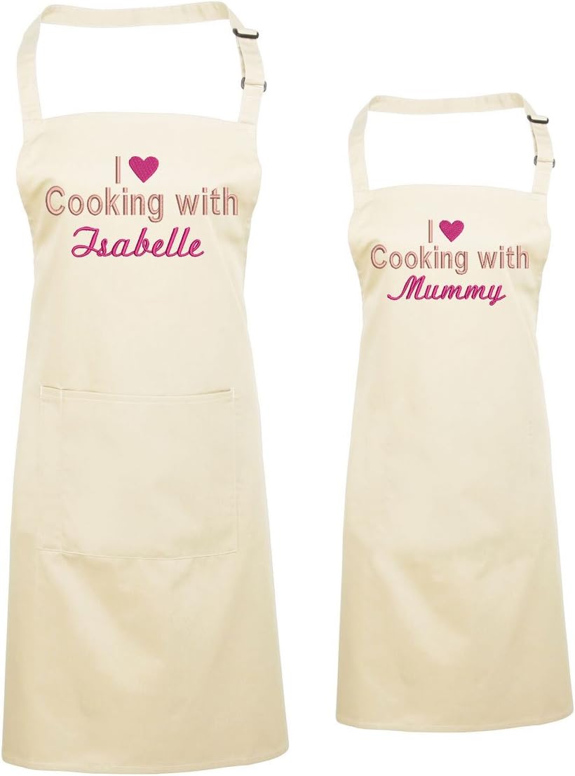 WithCongratulations Personalised Matching Mother & Daughter Aprons, Embroidered Apron (Natural Adult & Infant (3-6 years))