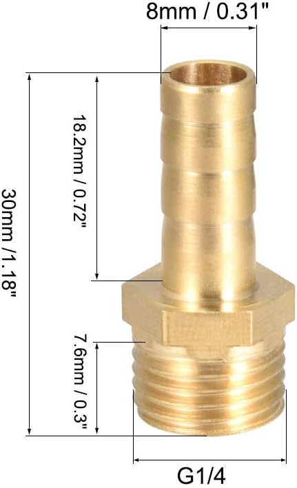 sourcing map Brass Hose Barb Fitting,Connector 8mm Barb x G1/4 Male Pipe Adapter 5pcs, Gold, 8mm x G1/4 Pipe - Image 3