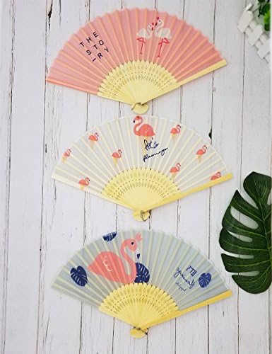 Sapovica 3 Pack Fabric&amp; Bamboo Flamingo Folding Hand Fans-Cool for Outdoor Travel Party Gifts