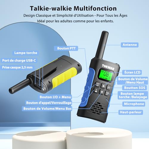 Tokwak Long Range Walkie Talkie USB C Rechargeable 4 Pack Walkie Talkie Kids Adults 16 Channel VOX Torch, Walkie Talkie PMR446 Li-ion Battery for Camping, Hiking, Cycling, Parties