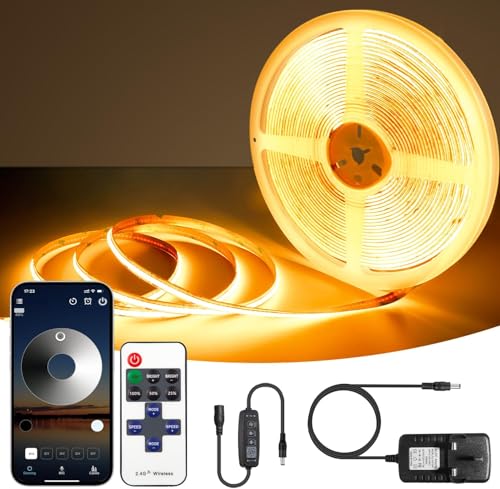 TENDIST 5M COB LED Strip Bluetooth, 2700K CRI90+ Warm White LED Strip Lights Dimmable with Remote and APP, 24V Cuttable Light for Acoustic Panel, Bedroom, Kitchen, Shelf, Cabinet, Bookcase