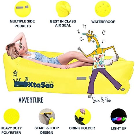 Air Sofa in a Bag no Pump Easy Inflatable Lounger with Pockets 2 Variants ADVENTURE Extra Long &amp; Heavy Duty + Stake SUN &amp; FUN Lightweight with Drink Holder + Party LIGHT (Sun &amp; Fun Honeybee Yellow)