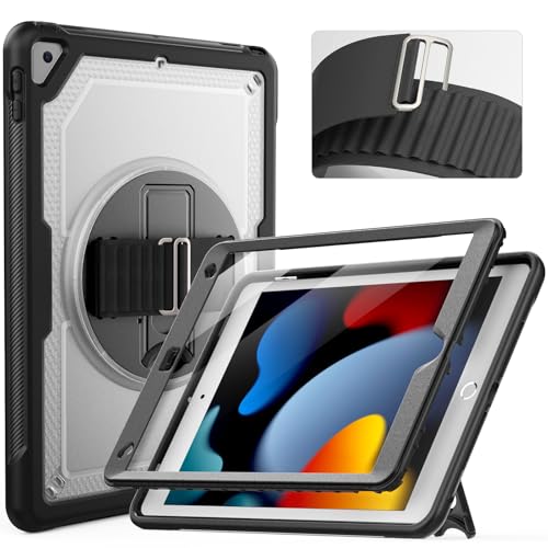 Photo 1 of HXCASEAC Case for iPad 9th 8th 7th Generation 10.2 inch, Pencil Holder & Built-in Screen Protector & Adjustable Hand Strap & Foldable Stand (A2602/A2603/A2604/A2270/A2428/A2198/A2200) - Silver Clear