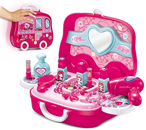 Candice's Sweet Pretend Play Vanity Case Fashion Beauty Salon Cosmetic Palette with Hair Dryer Mirror Scissors Hair Brush For Little Girls Toddler 20 Pcs