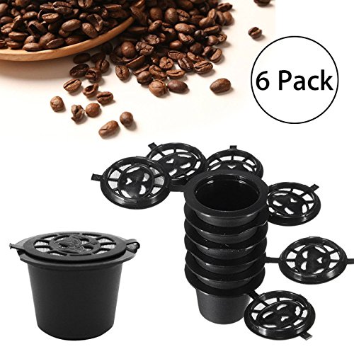 Coffee Capsule-ViewHuge 6PCS Reusable Coffee Capsules+Spoon+Brush Set Black Mini Powder Basket Nespresso Machine Home Office Coffee Brewing Accessories