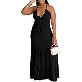 TOPSRANI Womens Sleeveless Maxi Dress Halter Casual Backless Smocked Tiered Ruffle Flowy Sexy Slip Sling Strap Dresses V-Neck Solid Black S