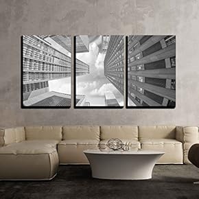 3 Piece Canvas Wall Art - City Skyscrapers, Fisheye Upward Street View - Modern Home Art Stretched and Framed Ready to Hang - 16"x24"x3 Panels